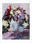 Sweet peas in a blue and white jug with blue and white pot and textiles by Joan Thewsey