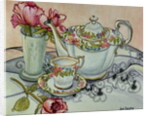 Teatime with Roses and a cutwork cloth by Joan Thewsey