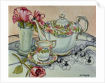 Teatime with Roses and a cutwork cloth by Joan Thewsey