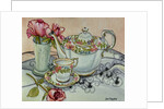 Teatime with Roses and a cutwork cloth by Joan Thewsey