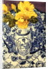 Yellow Roses in a Blue and White Vase with Patterned Blue and White Textiles by Joan Thewsey