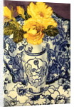 Yellow Roses in a Blue and White Vase with Patterned Blue and White Textiles by Joan Thewsey