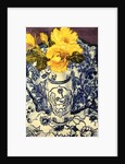 Yellow Roses in a Blue and White Vase with Patterned Blue and White Textiles by Joan Thewsey
