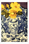 Yellow Roses in a Blue and White Vase with Patterned Blue and White Textiles by Joan Thewsey