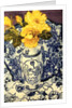 Yellow Roses in a Blue and White Vase with Patterned Blue and White Textiles by Joan Thewsey