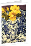 Yellow Roses in a Blue and White Vase with Patterned Blue and White Textiles by Joan Thewsey
