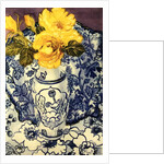 Yellow Roses in a Blue and White Vase with Patterned Blue and White Textiles by Joan Thewsey