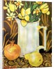 Tulips and Daffodils in a White Jug, with textiles, pomegranate and pear by Joan Thewsey