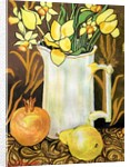 Tulips and Daffodils in a White Jug, with textiles, pomegranate and pear by Joan Thewsey