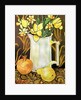 Tulips and Daffodils in a White Jug, with textiles, pomegranate and pear by Joan Thewsey