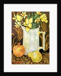 Tulips and Daffodils in a White Jug, with textiles, pomegranate and pear by Joan Thewsey
