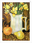 Tulips and Daffodils in a White Jug, with textiles, pomegranate and pear by Joan Thewsey