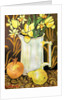 Tulips and Daffodils in a White Jug, with textiles, pomegranate and pear by Joan Thewsey