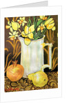 Tulips and Daffodils in a White Jug, with textiles, pomegranate and pear by Joan Thewsey