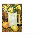 Tulips and Daffodils in a White Jug, with textiles, pomegranate and pear by Joan Thewsey