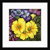 Three Yellow Primroses surrounded by mauve and purple primroses and leaves by Joan Thewsey