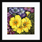 Three Yellow Primroses surrounded by mauve and purple primroses and leaves by Joan Thewsey