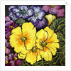 Three Yellow Primroses surrounded by mauve and purple primroses and leaves by Joan Thewsey