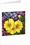 Three Yellow Primroses surrounded by mauve and purple primroses and leaves by Joan Thewsey