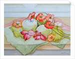 Apples and Nasturtium on a green check cloth by Joan Thewsey