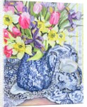 Daffodils, Tulips and Irises with Blue Antique Pots by Joan Thewsey