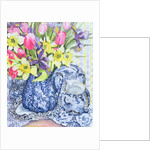 Daffodils, Tulips and Irises with Blue Antique Pots by Joan Thewsey