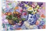 Daffodils, Tulips and Iris in a Jacobean Blue and White Jug with Sanderson Fabric and Primroses, 2012 by Joan Thewsey