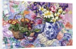 Daffodils, Tulips and Iris in a Jacobean Blue and White Jug with Sanderson Fabric and Primroses, 2012 by Joan Thewsey