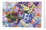 Daffodils, Tulips and Iris in a Jacobean Blue and White Jug with Sanderson Fabric and Primroses, 2012 by Joan Thewsey