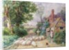 Shepherd and his flock passing a country cottage by Myles Birket Foster