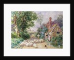 Shepherd and his flock passing a country cottage by Myles Birket Foster