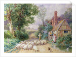Shepherd and his flock passing a country cottage by Myles Birket Foster