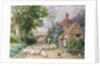 Shepherd and his flock passing a country cottage by Myles Birket Foster