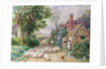Shepherd and his flock passing a country cottage by Myles Birket Foster