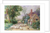 Shepherd and his flock passing a country cottage by Myles Birket Foster
