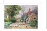 Shepherd and his flock passing a country cottage by Myles Birket Foster