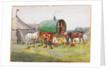 Three Horses and a Green-Roofed Caravan by John Atkinson