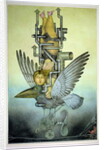 Balancing Girl on Mechanical Bird on Tightrope by Wayne Anderson