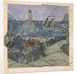 Lighthouse, ship and village by Charles Francis Annesley Voysey