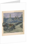 Lighthouse, ship and village by Charles Francis Annesley Voysey