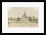 Lichfield Cathedral - East View: tinted pencil drawing by School English
