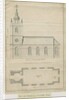 Marchington Church - Exterior Elevation and Interior Plan: pen drawing by School English