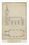 Marchington Church - Exterior Elevation and Interior Plan: pen drawing by School English