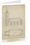 Marchington Church - Exterior Elevation and Interior Plan: pen drawing by School English