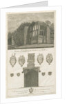 Tixall Hall - Gothic Window and Heraldic Antiquities: engraving by Stebbing Shaw