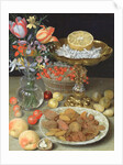 Still life with flowers and dessert by Georg Flegel