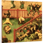 Children's Games: detail of left-hand section showing children running the gauntlet, doing gymnastics and balancing on a fence, 1560 by Pieter the Elder Bruegel