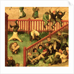 Children's Games: detail of left-hand section showing children running the gauntlet, doing gymnastics and balancing on a fence, 1560 by Pieter the Elder Bruegel