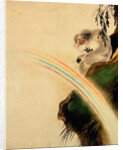 Gibbon seated on a rock with rainbow in foreground by Shibata Zeshin