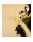 Gibbon seated on a rock with rainbow in foreground by Shibata Zeshin